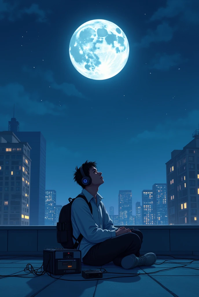A is happily listening to music on the roof of a building looking at the big moon
