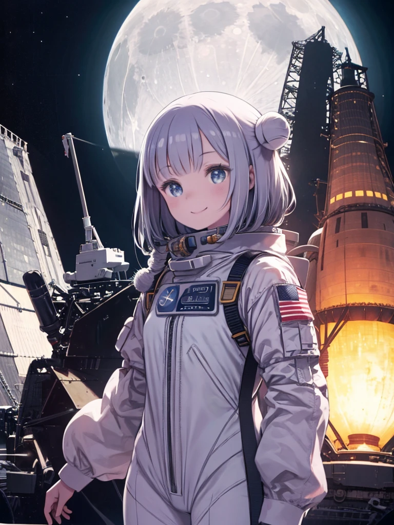 Girl in spacesuit standing on the moon、Upper Body、smile、Stand on the Moon、The Earth is floating behind、Cosmic hair、Spaceship、Lunar rover、