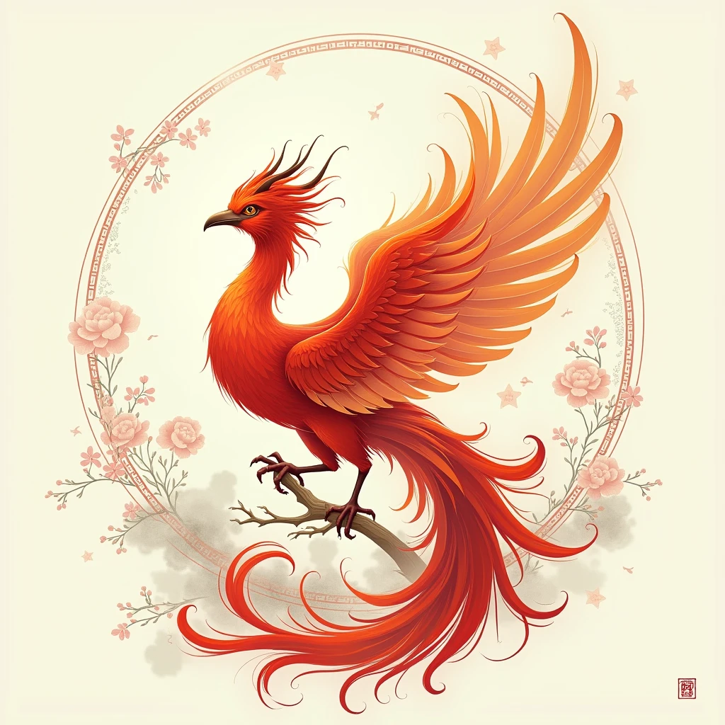 Mythical Phoenix, Chinese ink brush art style, graceful brushwork, elegant compositions, traditional motifs, professional-grade execution, captures the essence of Chinese culture and aesthetics, (best quality, masterpiece, photorealistic), very aesthetic, perfect composition, intricate details, ultra-detailed, vivid colors