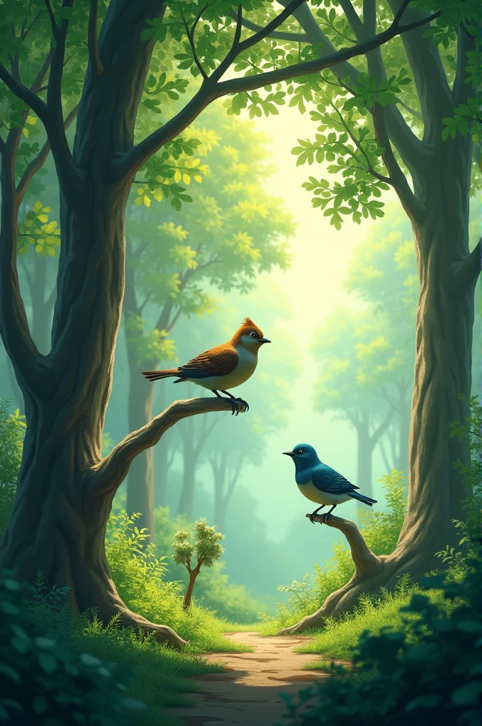 A dense forest where the birds are chirping, the leaves of the trees are gently swaying in the breeze. 
