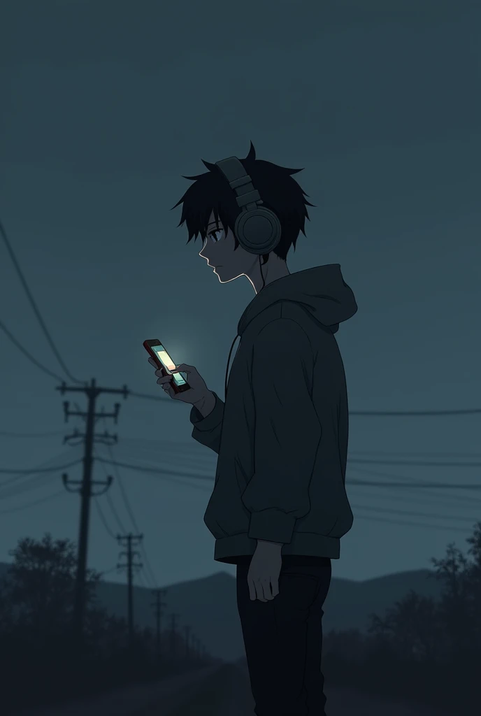 1 anime boy with headphones and cell phone with a leaden night landscape background and a cold look Something more muted and background with gray tones Looking to the left