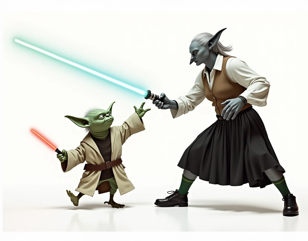 ((Highest quality)), ((masterpiece)), Lightsaber battle with Master Yoda、A gray female pigeon wearing an off-white collared short-sleeved shirt, a light brown vest, a knee-length black skirt, dark green socks and black shoes.、Muscular grey female pigeon like a bodybuilder、Photo-realistic images、Background is white