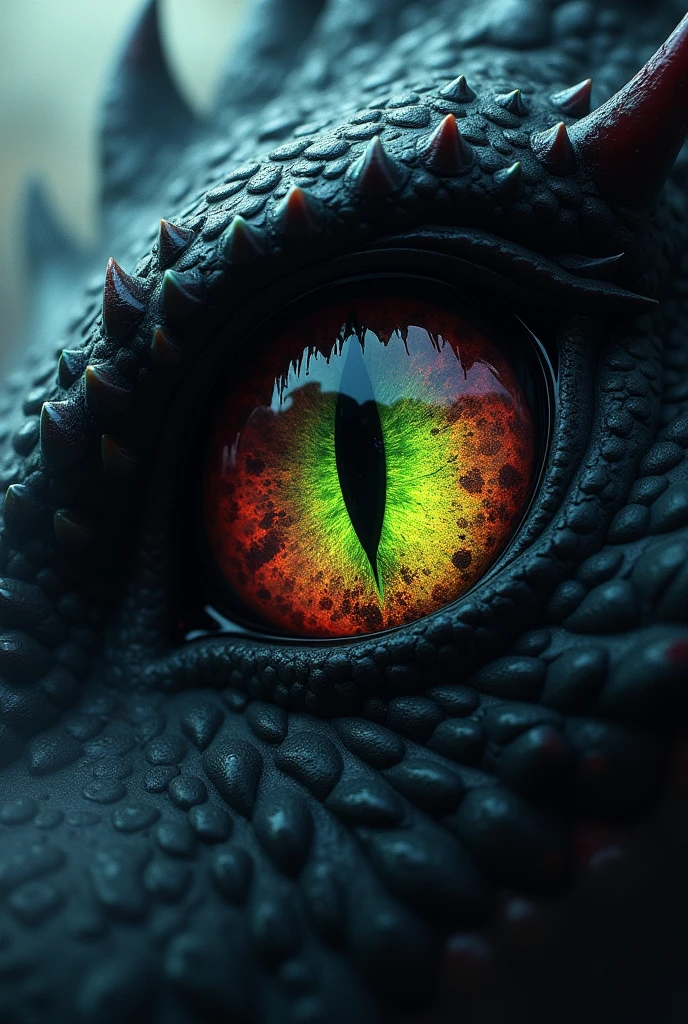 1.Base Image: Use or draw a high-resolution dragon eye.
Color Palette:
Iris: Deep reds, dark purples, or blacks.
Pupil: Fiery orange, neon green, or ghostly white.
Sclera: Darker or bloodshot (gray or sickly yellow).
Texture: Add scales around the eye and detailed veins in the sclera.
Effects:
Glowing: Apply a subtle glow to the iris and pupil.
Fog/Smoke: Add a misty or smoky effect around the eye.
Background: Use a dark, textured backdrop like a stormy sky or shadowy forest.
Extras: Include elements like blood or tears for added horror.