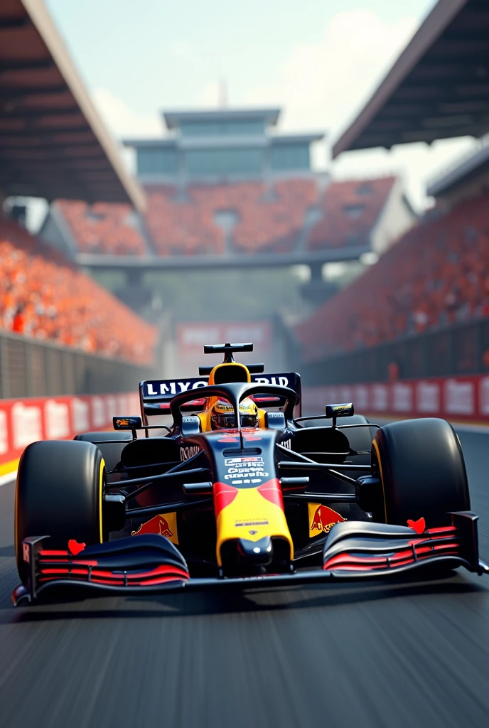 Detailed Background, masterpiece, Highest quality, 8k,uhd,F1 Cars,RB20,Red Bull,(Car number is1),(Car number is赤で表記)run through,Max Emilian Verstappen,The stands are filled with orange spectators,