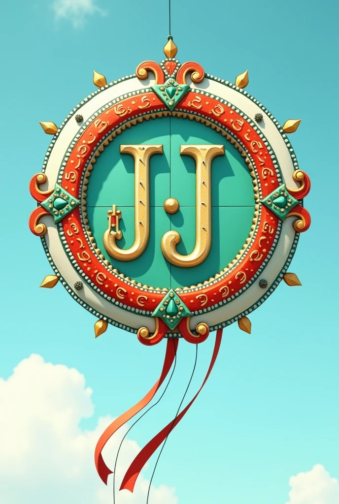 Create me a creative kite in the shape of a circle with the colors green, white and red which contains the letters J, J, r