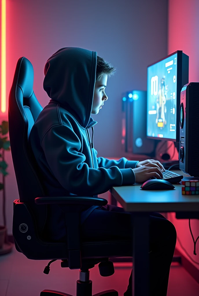 Imagine A boy sit in gaming chair he playing free fire in pc on the gaming table on cpu all luxury table left corner unsolved cube his full body cover by whoody
