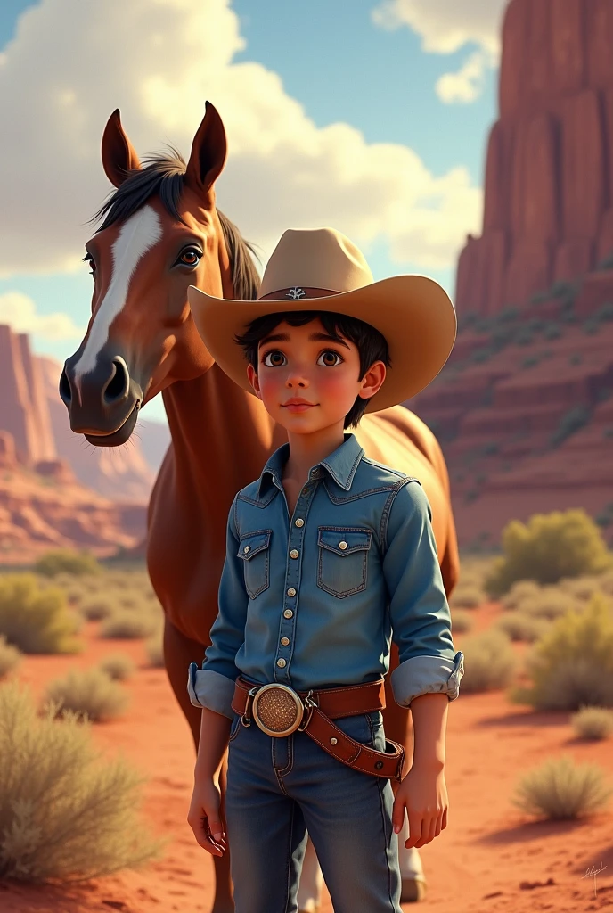 Design a realistic and detailed digital painting of a   dressed as a cowboy, standing confidently beside a sturdy horse. The boy is wearing a wide-brimmed cowboy hat, a blue denim shirt with rolled-up sleeves, and jeans with a leather belt. The background depicts a warm, sunlit desert landscape with towering red rock formations, sparse vegetation, and a sky filled with a mix of clouds and soft, glowiled and stands calmly beside the boy, adding to the overall western, adventurous atmosphere of the scene in cenima effect And want 4k resolution picture