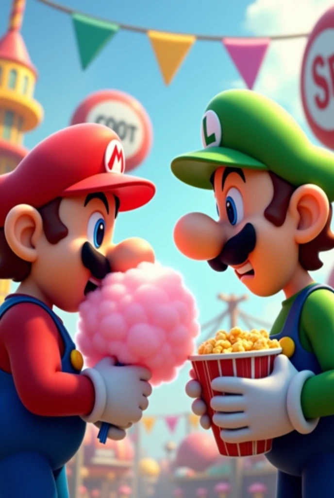 Super Mario in profile eating cotton candy and Luigi Mario eating popcorn in an amusement park with signs that say SPLASH