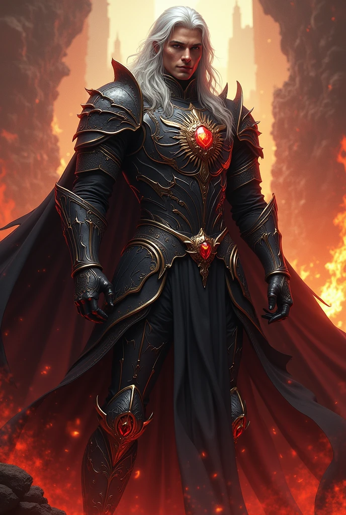 Create a handsome prince of hell with armor, long white hair, Lilac eyes and a fine face