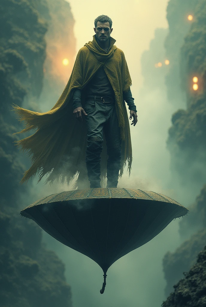 Create a picture of a one eyed man standing on a umbrella