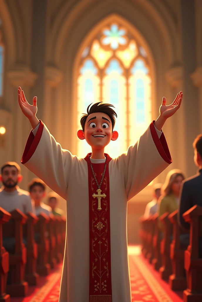 Priest at mass, delgado, young,cheerful and a little receding hairline, with a thin face. Disney Pixar style