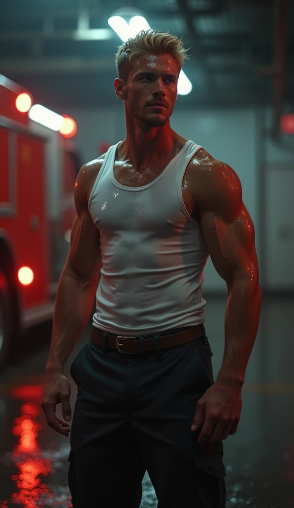 A hot blond fireman, white tank top, wet body, 2, young guy, in garage with low lighting, fire truck in background, counter-plong angle, cinematic lighting, cinematic angle, best quality, masterpiece, perfect anatomy, highres, ultra-detailed, 8k, detail, unique, aesthetics, HDR, Photorealistic, Hyperrealistic, Hyperdetailed, analog style, soft lighting, subsurface scattering