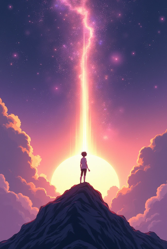 A guy anime character standing on small mountain, landscap , space , Star , purple and white colour sky , animated and a yellow colour powerful light is going up
