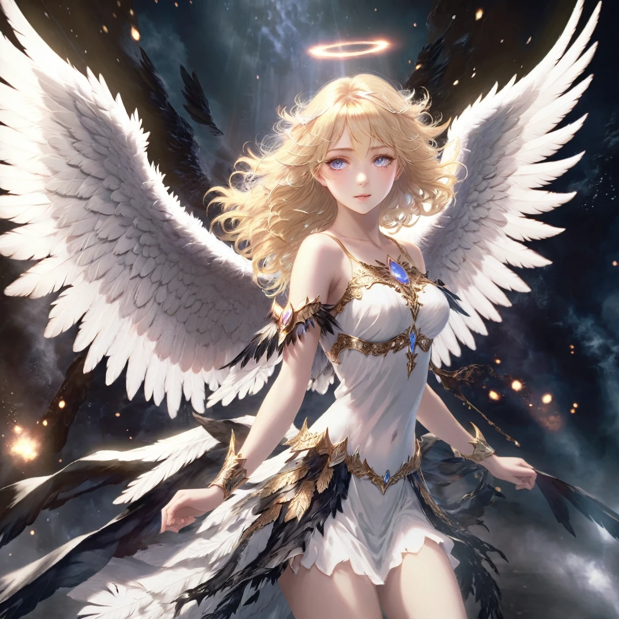 a beautiful blonde haired angel with white feathered wings, an incompatible demonic counterpart, detailed portrayal, black fantasy, dramatic lighting, details Intricate, Bright dark, film composition, high resolution, 8k,