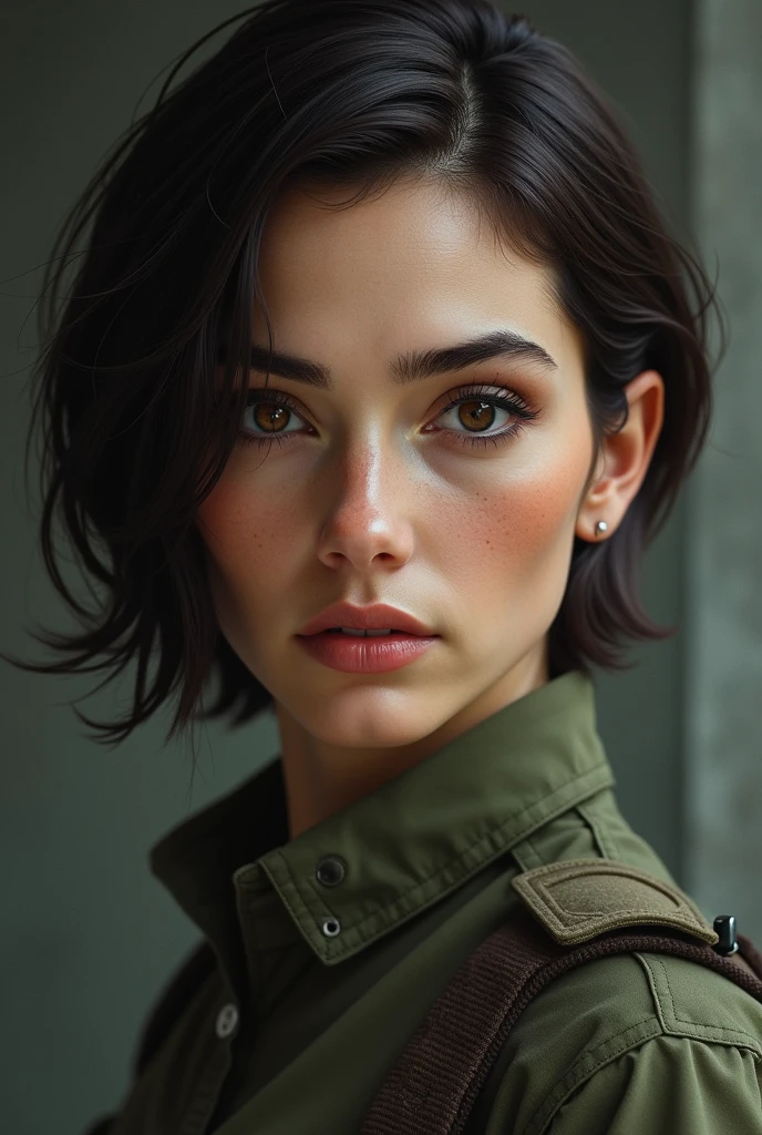 A woman, thirty two years old, with soulless brown eyes and short hair brown, with military uniform, small nose and perfect lip. she have a soldier and war background, run makeup, perfect brown eyes