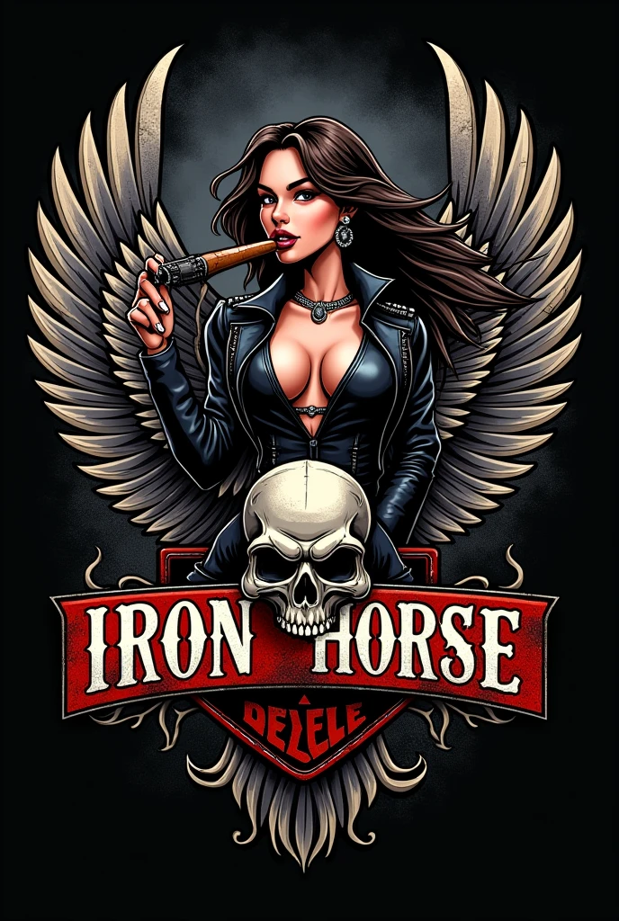Harley-Davidson Forty-Eight motorcycle club logo with sexy woman and skull with wings smoking cigar and engine written iron horse