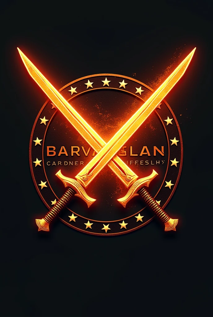 create another creatives logo image with the word of BRAVE BATTALION, color theme bright orange, design two cross warrior swords facing upside down, must write the motto "Brave Together, Stronger Forever", insert a 12 stars in the logo to represent the team members