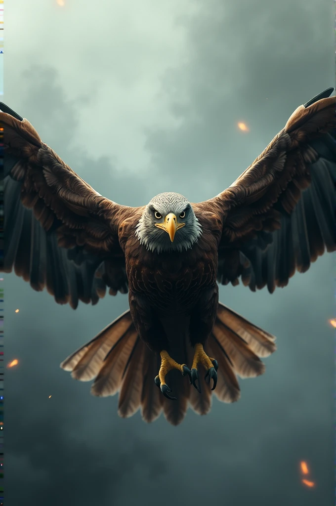Bold looking eagle, fly, wing span, front view, smoky gradient background