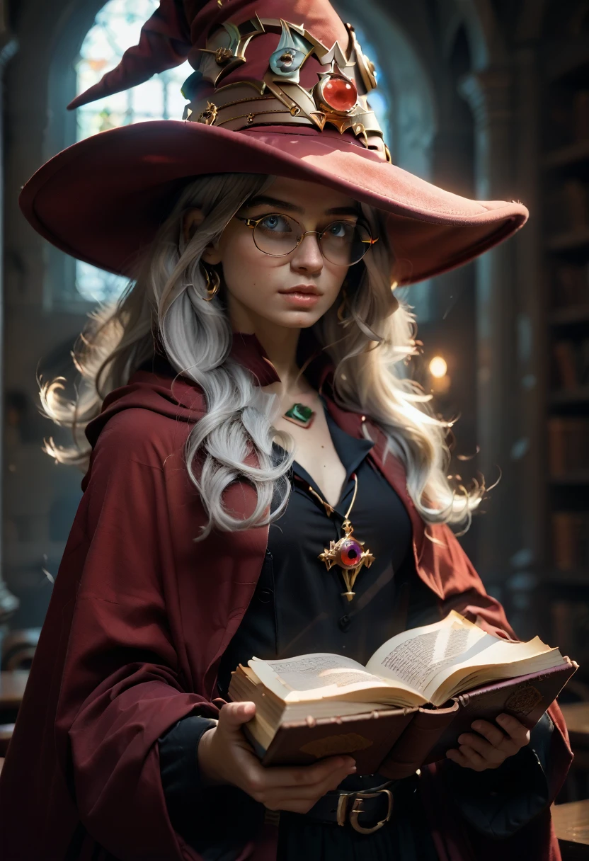 Woman in red hat and glasses holding a book,silver hair,she wears Harry Potter glasses, Maya Ali as D&D sorceress, holding spell book, dressed as witch, D&D magician, wearing a red wizard hat.