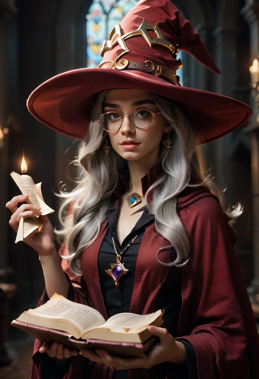 Woman in red hat and glasses holding a book,silver hair,she wears Harry Potter glasses, Maya Ali as D&D sorceress, holding spell book, dressed as witch, D&D magician, wearing a red wizard hat.