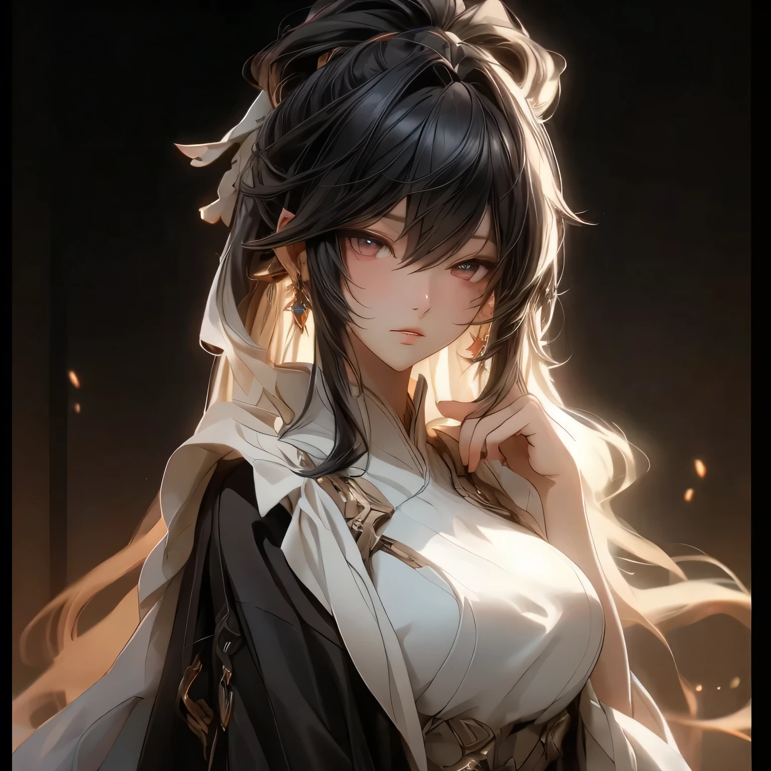 (best quality)), ((Masterpiece)), (details:1.4), 3d, HDR (high dynamic range), an image of a beautiful cyberpunk female, Black hair, High ponytail, Full body, Golden eyes, จมูกโด่ง, ปากแดง, หน้าอกใหญ่, nvidia RTX, PBR surface, After processing, Anisotropic filtration,depth of field, Maximum clarity and clarity, multi-layered surface, Subsurface scattering, perfect proportions, 8K raw files, ultra detailed, Perfect proportions, volumetric lighting, soft lighting, Holy Paladin, Heavy Black Armor, glossy skin, castle background, jewely, ต่างหู, นิ้วมือสมบูรณ์,