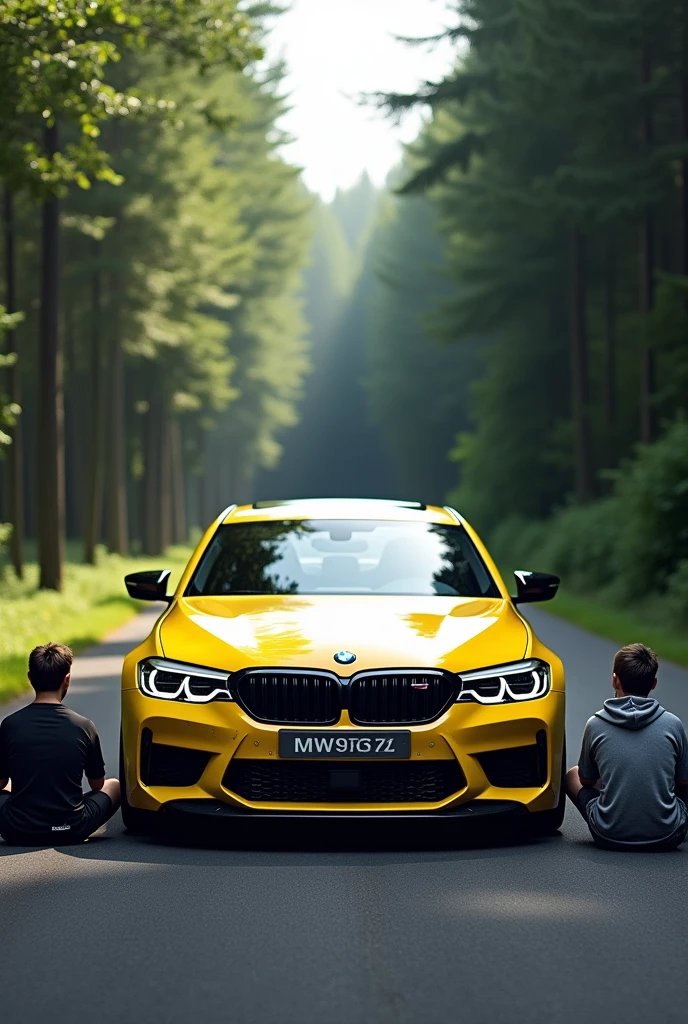 a  yellow bmw m5 cs on the charcoal road near the forest and a jogger and hoodie wear boy sitting front of the car on the road face on front side