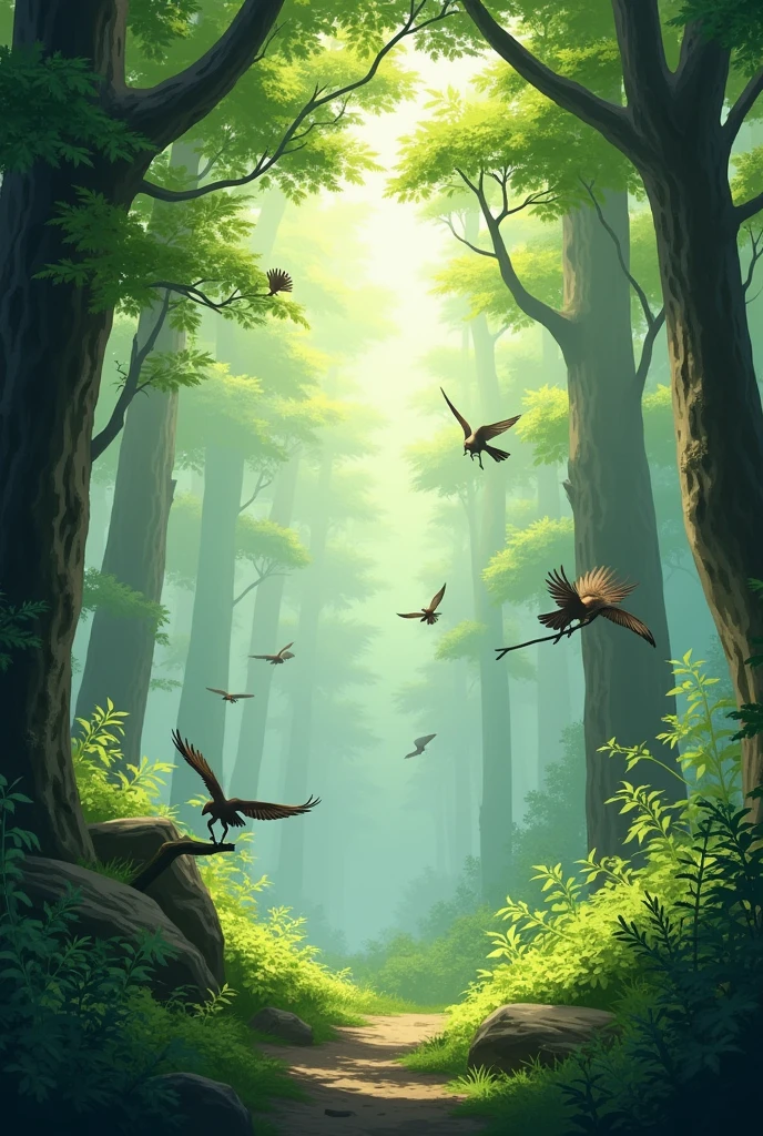 A dense forest where the birds are chirping, the leaves of the trees are gently swaying in the breeze.