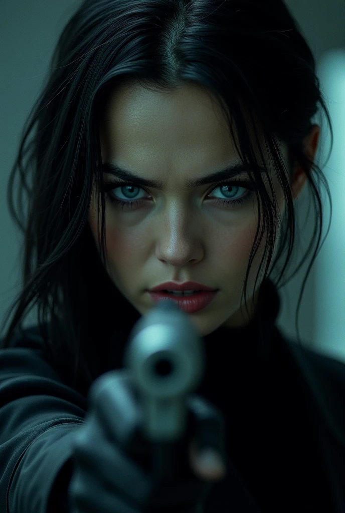 A close-up of a woman's very blue eyes, angry look, linda, black hair, black clothes, and a gun in his hand, black and fluorescent black background