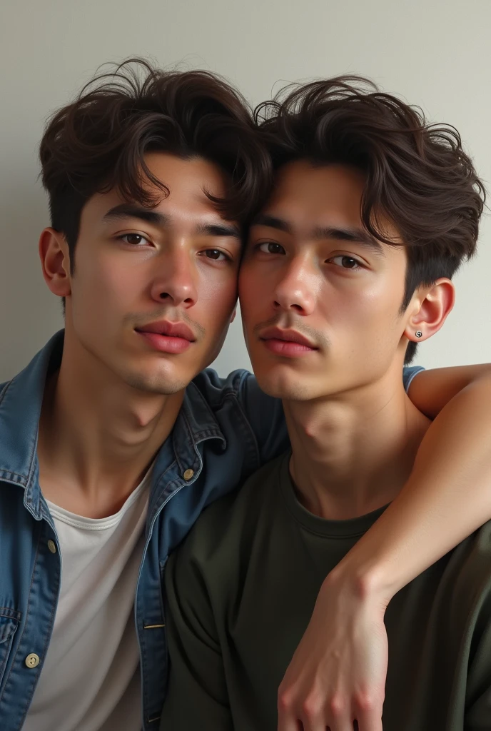 Hyper realistic Potrait of two male friends vertically, one friends hand in another friends solder