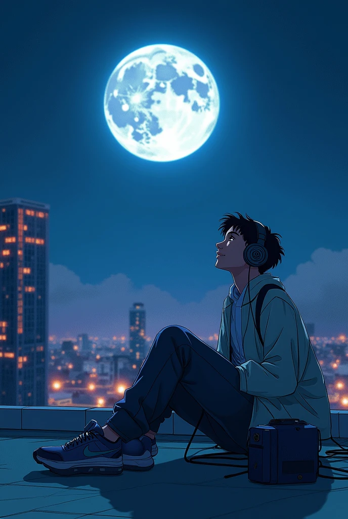 A  is happily listening to music on the roof of a building looking at the big moon