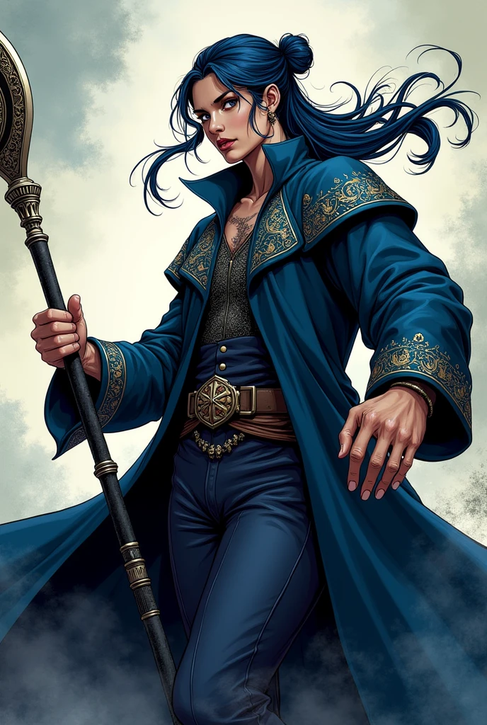 traditional comic art. d&d, magician, Bblack hair, Bun hair, dark blue overcoat, cajado de magician, traditional comic art.
heroic poses Dramatic light and shadow No background