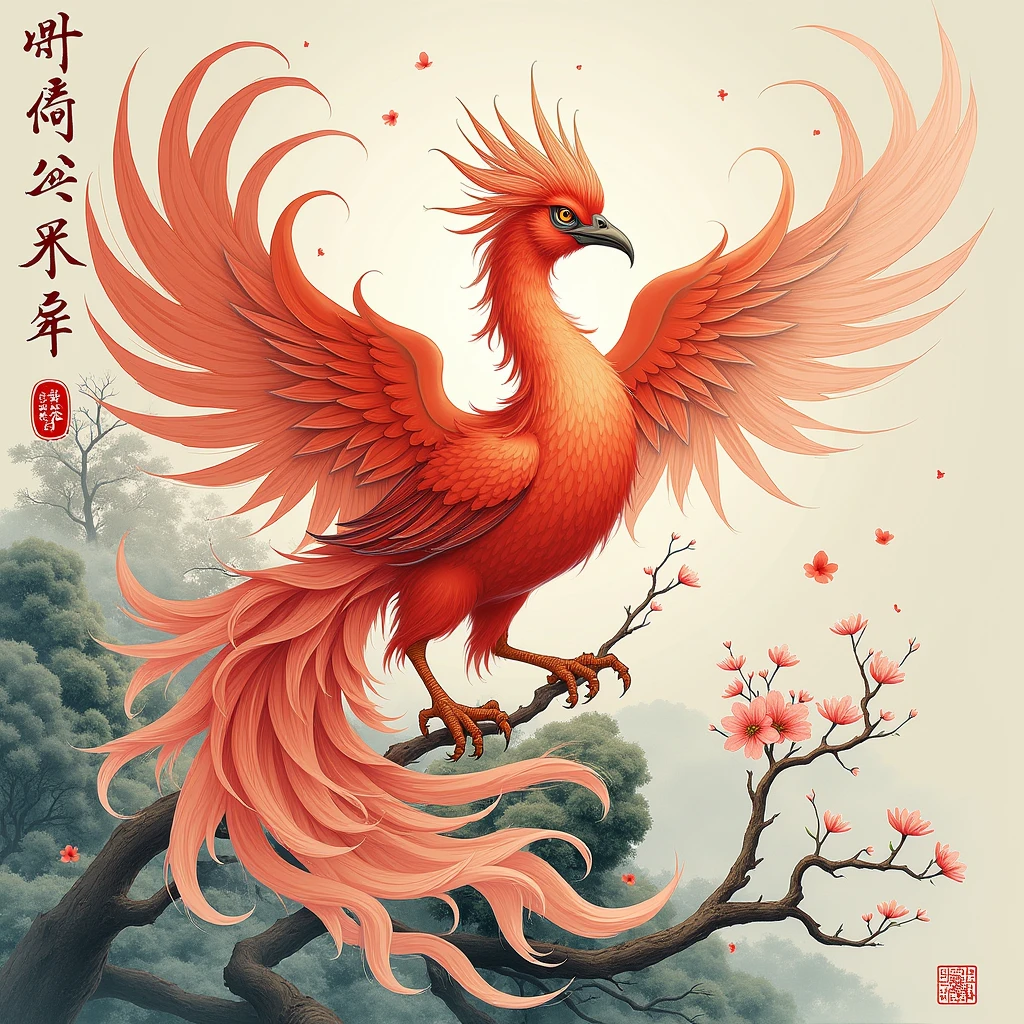 Mythical Phoenix, Chinese water ink brush art style, graceful brushwork, elegant compositions, traditional motifs, professional-grade execution, captures the essence of Chinese culture and aesthetics, (best quality, masterpiece, photorealistic), very aesthetic, perfect composition, intricate details, ultra-detailed, vivid colors