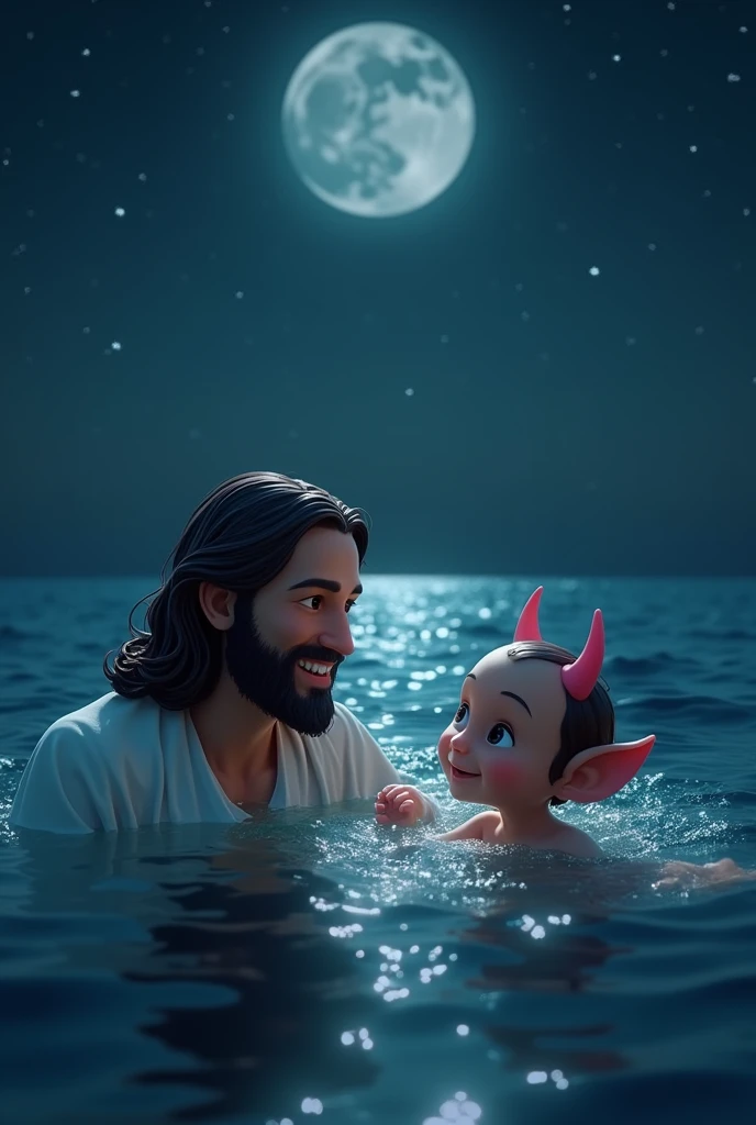 Under the starlit sky, in the vast, calm sea, Jesus and a small, cute devil are swimming together, having left their boat behind. The night is peaceful, with the moon casting a soft, silver glow on the water. Jesus, in flowing white robes, smiles gently as He floats beside the cute devil, who is playfully splashing in the water. The devil, with tiny horns and pink ears, looks up at Jesus with a mix of curiosity and joy. The dark sea shimmers under the moonlight, creating a serene and mystical atmosphere. The scene is depicted in hyper-realistic, ultra HD quality, with deep blues and silvers highlighting the tranquility of the night."
