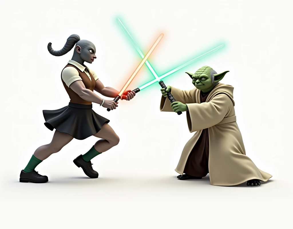 ((Highest quality)), ((masterpiece)), Lightsaber battle with Master Yoda、A gray female pigeon wearing an off-white collared short-sleeved shirt, a light brown vest, a knee-length black skirt, dark green socks and black shoes.、Muscular grey female pigeon like a bodybuilder、Photo-realistic images、Background is white