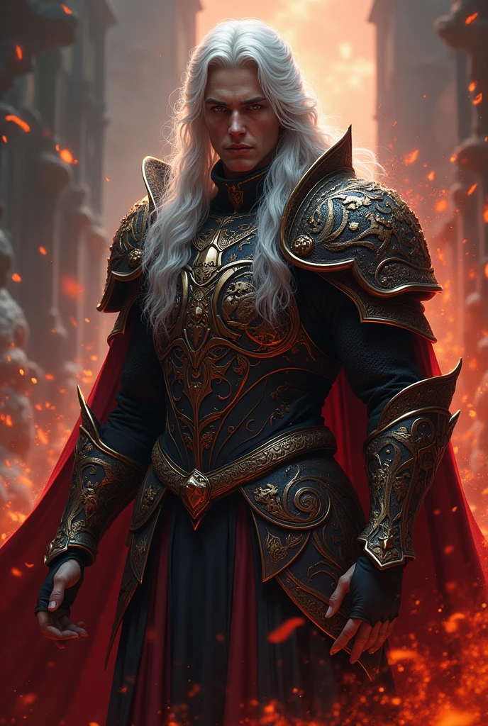Create a handsome prince of hell with armor, long white hair, Lilac eyes and a fine face