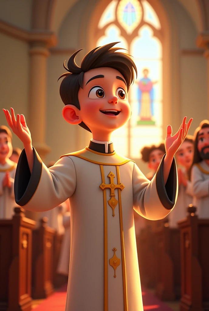 Priest at mass, delgado, young,cheerful and a little hair, with a thin face. Disney Pixar style