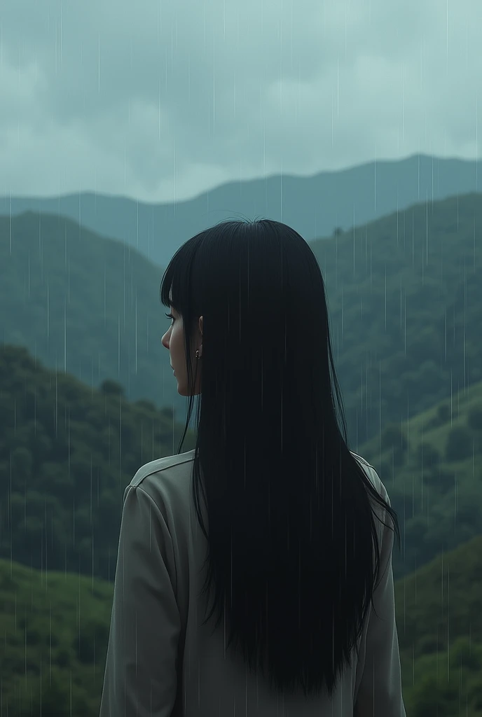 Woman with long straight dark hair looking at rain landscape