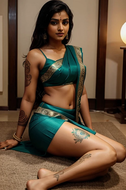 Sexy Indian woman in saree with tattooed legs