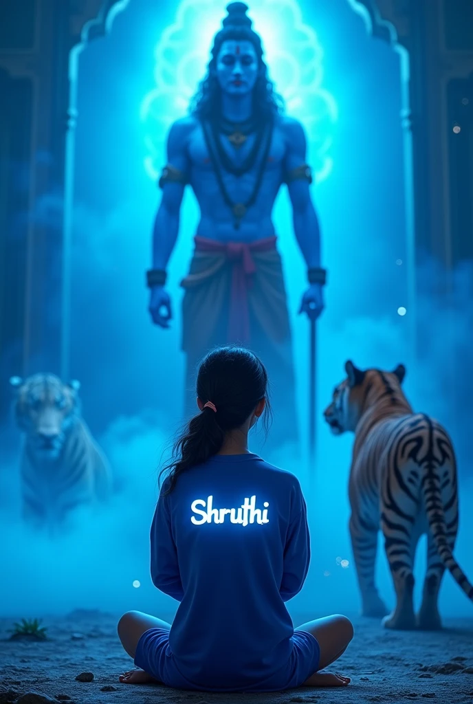 Describe a scene depicting an 20-year-old girl kneeling barefoot, seated in prayer before a lord shiva accompanied by a tiger. The setting includes a large, realistic blue neon light lord shiva backdrop, The girl is adorned in a blue chudithar on which Name "shruthi" written in neon light bold font, girl facing lord shiva and lord sivha giving blessing, devotional 
background..