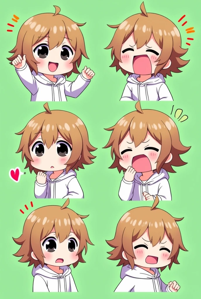 An anime-style character with light brown hair, black eyes, and wearing a white hoodie, depicted in various expressive poses similar to the reference image provided. The character should have a playful and exaggerated cartoon-like appearance, with different facial expressions like confusion, joy, anger, and love, set against a simple green background. The style should be consistent with chibi-like characters, focusing on the large head and expressive eyes.