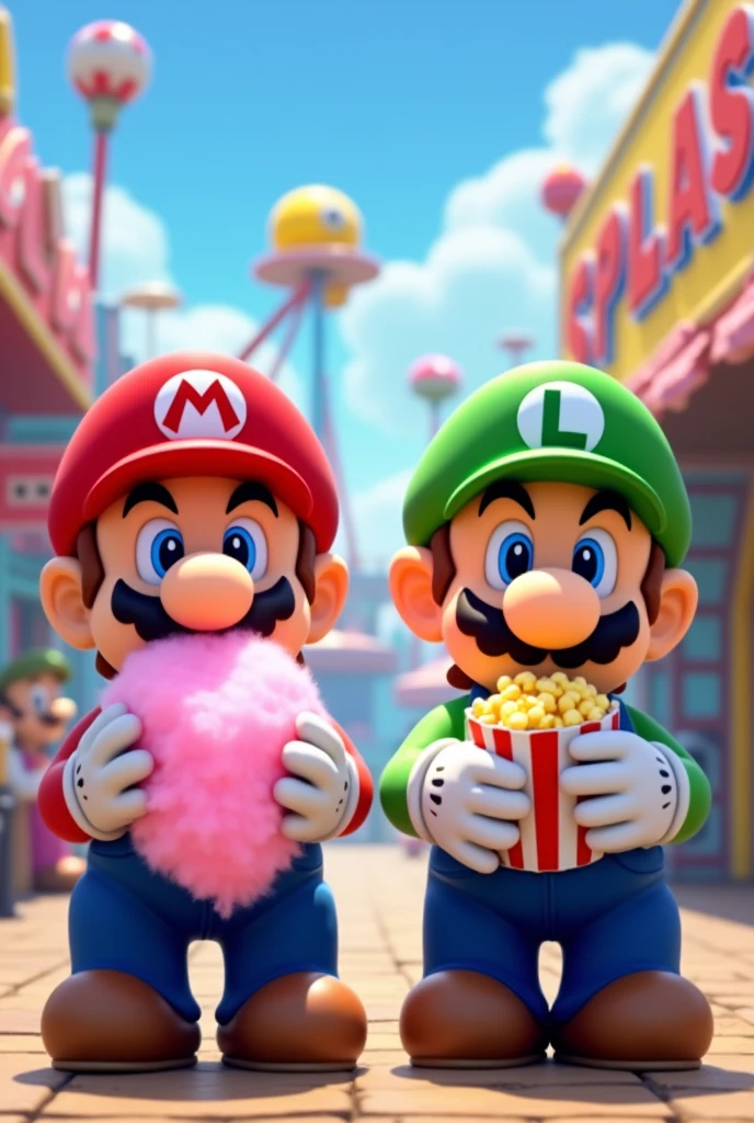 Super Mario from the front eating cotton candy and Luigi Mario eating popcorn in an amusement park with signs that say SPLASH