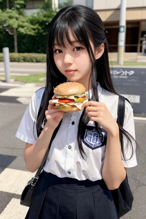 Japanese high school girl、、Black Hair、Eating a hamburger