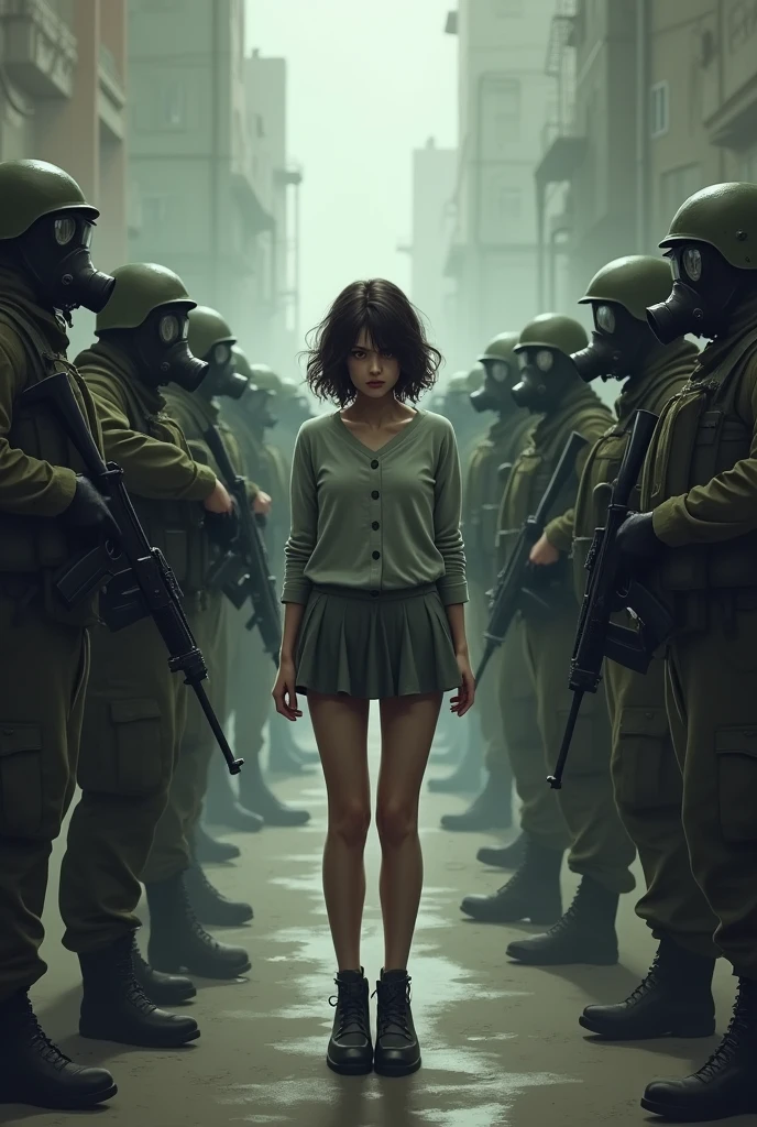 Dangerous girl surrounded by soldiers with masks pointing guns at her drawn
