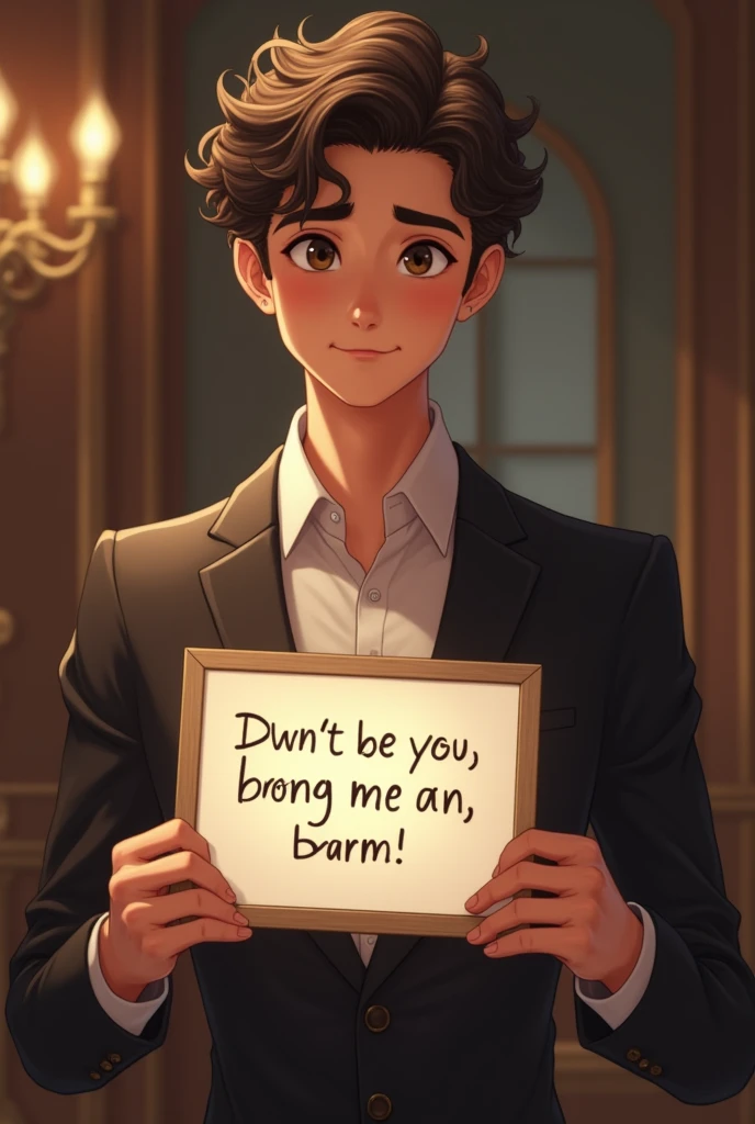 Handsome boy with curly hair, formal dress, holding a white board with text "I Love you ina" and showing to purpose