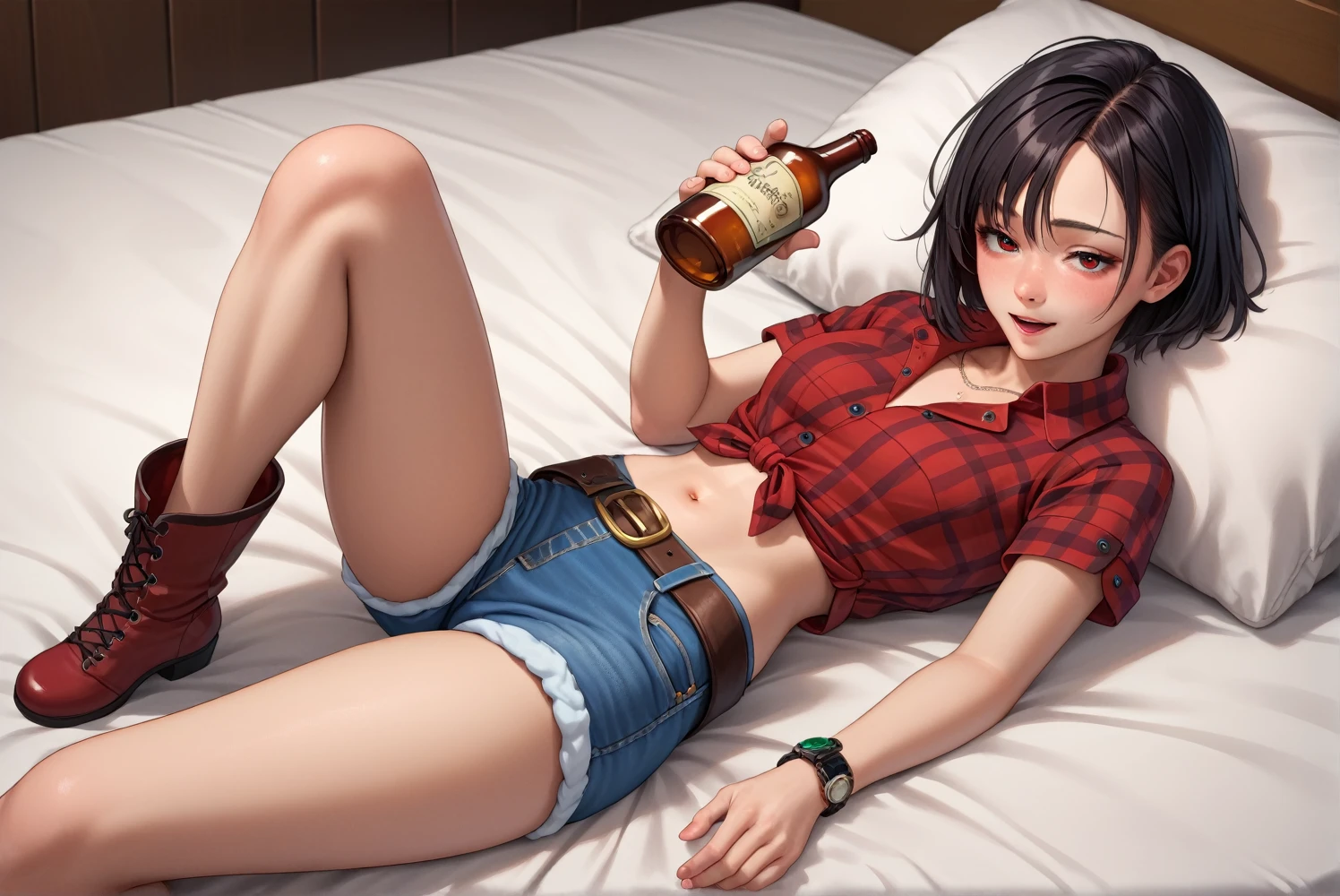 Bloomers in a sexy cowgirl outfit,Black Hair,Red plaid　Short short sleeves　collared cowgirl shirt,Denim hot pants,Western belt with holster,Western Boots,Watch on wrist,Navel exposed,Drunk,Above the knee shot,Open your eyes,Lying in bed,Ultra-high resolution,16K