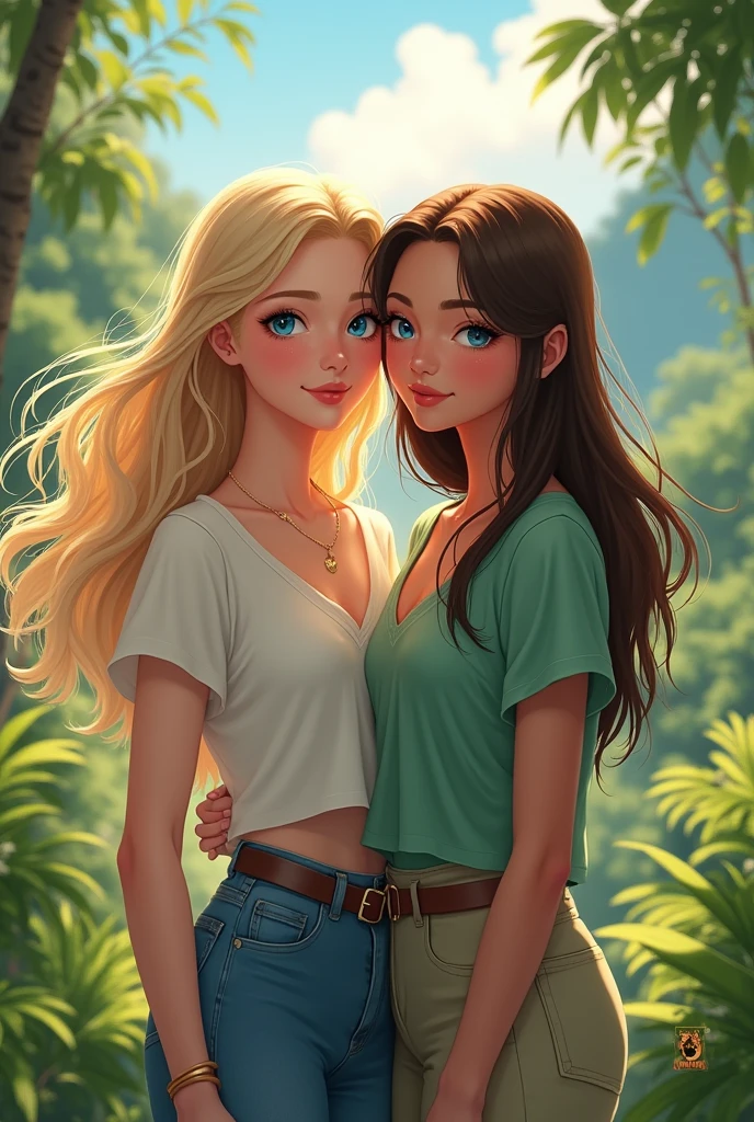 Uma jovem loira Caucasian skin, eyes blue as the sky, casual clothes, In Thailand, along with another young woman who found her, This young woman has slanted eyes and long brown hair, Caucasian skin, a little taller than the first young lady, with loose clothing and a beautiful smile, they are both girlfriends.