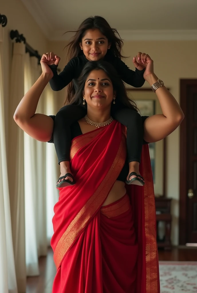 Beautiful and Slim Indian woman Aishwarya Rai in black satin blouse red saree , lifting a large chubby man above her shoulders, man is sitting on woman's shoulders, natural smile, in a bedroom with high ceiling , full body view