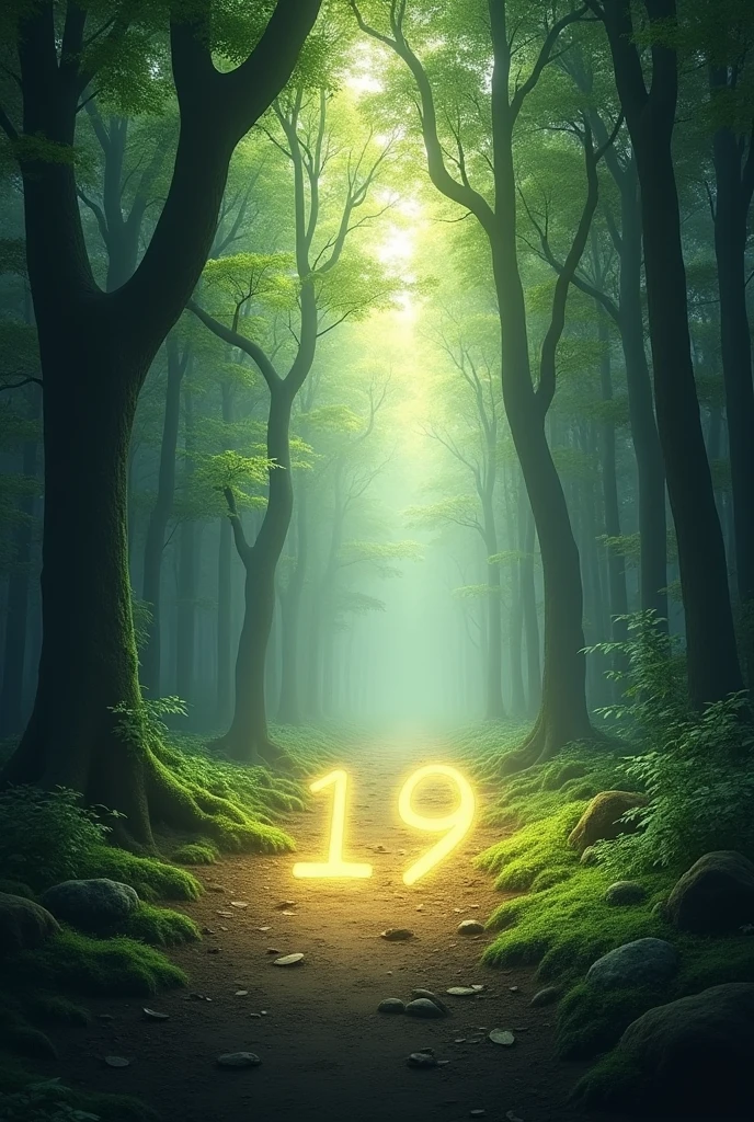 Wide forest where the light coming from the trees discreetly forms the number 19 on the ground