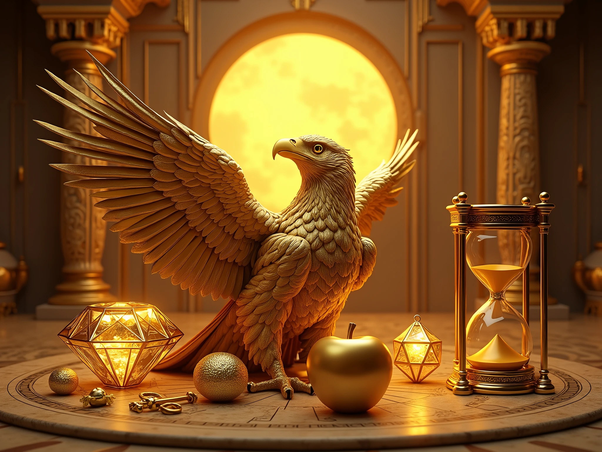 Create an archetypal image with a golden eagle, a bright sun, A golden apple, a golden diamond, a compass and an hourglass, all floating in a luxurious setting. The golden apple and the golden diamond must be the color of gold, matching the richness of real gold. The background should include an opulent and extravagant setting, with elements such as ornate architecture, rich textures and elegant decor, emphasizing prosperity and greatness. Use warm, radiant tones, without black, because it symbolizes loss, don&#39;t forget the diamond, the eagle must be resting, blow on the hourglass, also add the golden key 

