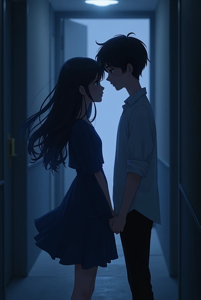 A girl with neavy blue flayerd top and light blue jeans with a boy wearing white shirt and black pant looking into eyes of each standing in aisel at mid night no more light hugging each other